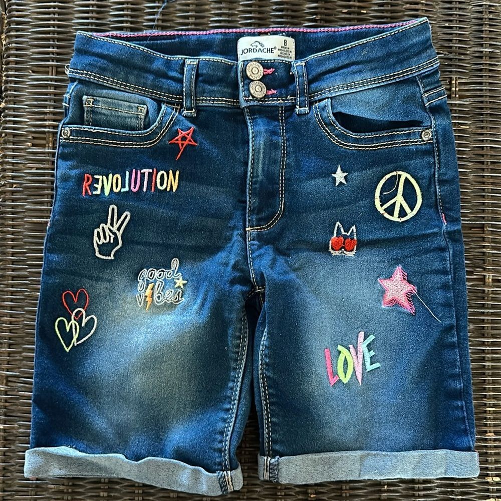 Jordache Girl’s Denim Shorts Sz 8 Blue Embellished Double Button Casual